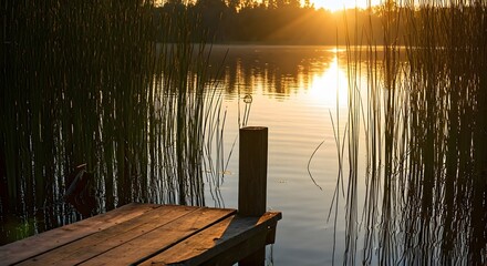 Wooden pier stretches into the calm lake at sunset, reflecting the colorful sky
