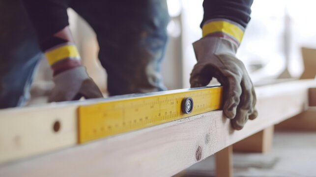 A construction site worker using a level to ensure alignment of structures. Featuring precision and craftsmanship