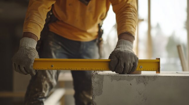 A construction site worker using a level to ensure alignment of structures. Featuring precision and craftsmanship
