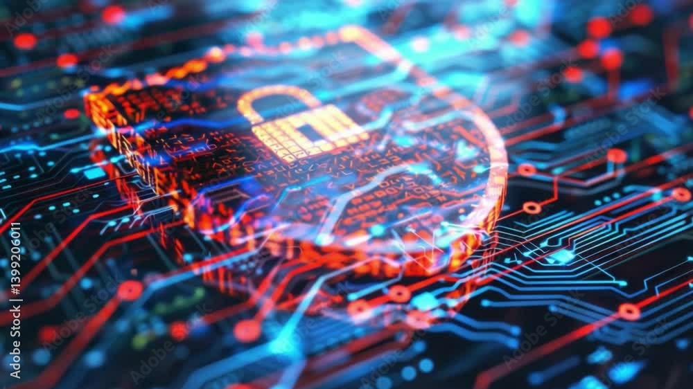 Poster digital cybersecurity shield and padlock symbolizing data protection and security in network of circ