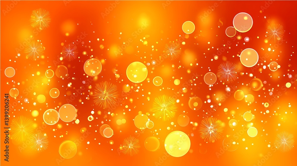 Poster abstract orange and gold bokeh background with sparkling lights and festive particles