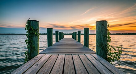 Wooden pier stretches into the calm sea at sunset, the horizon ablaze with colors