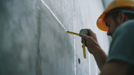 A construction site worker using a measuring tape to mark a wall for drilling. Featuring precision and focus