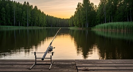Fishing at sunset on the calm lake, a wooden pier reflects the tranquil sky over the water