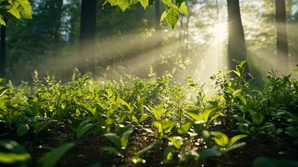 Forest sunlight greenery ground cover lush plants nature scene footage