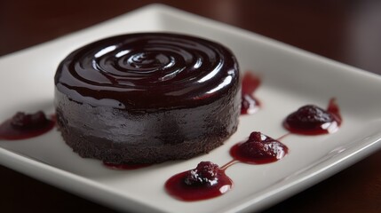 A glossy, intensely dark chocolate mousse, elegantly piped into a swirl, rests on a pristine white plate - refined photography minimalist treat chocolate
