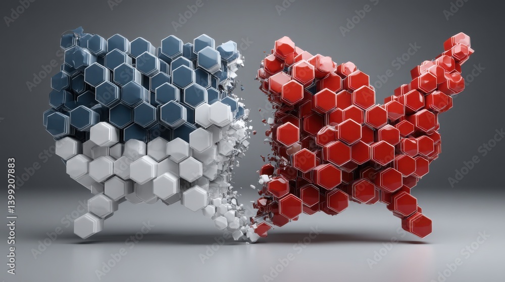 Poster two red and blue hexagons representing the division and tension in the usa and china data control hu