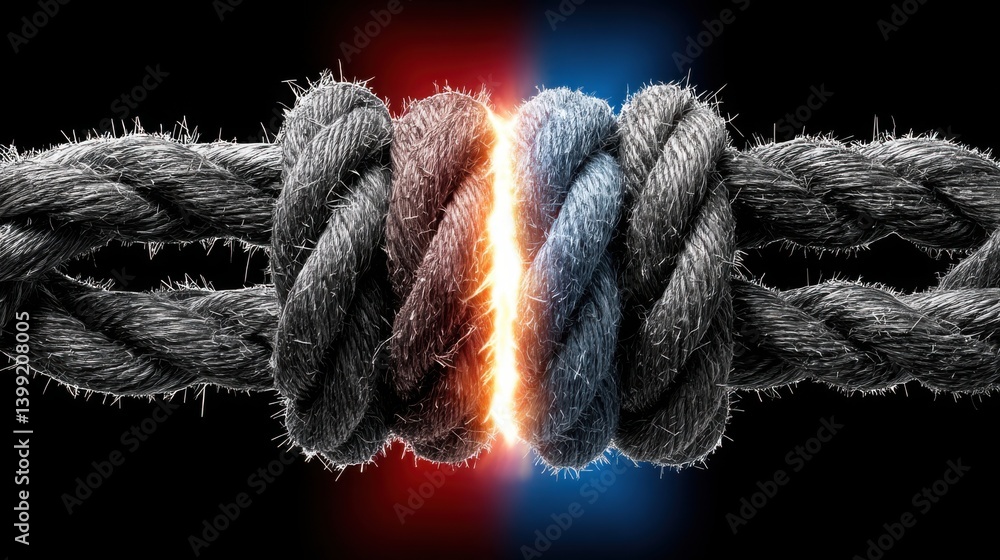 Poster a rope illuminated with red and blue lights representing the tension between two competing powers in