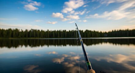 Fishing on a peaceful lake at sunset with reflections of trees and the sky
