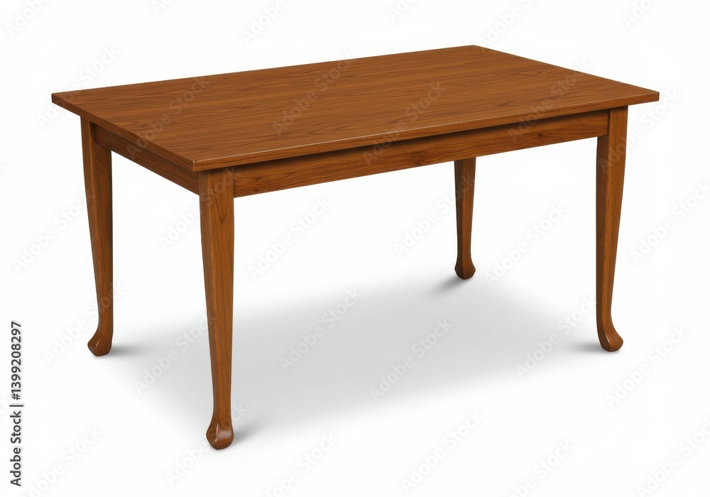 Poster a wooden table with a rectangular top and curved legs is displayed on a white background surface