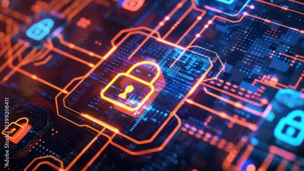 Poster vibrant digital illustration of network with glowing locks and circuits, symbolizing cybersecurity a
