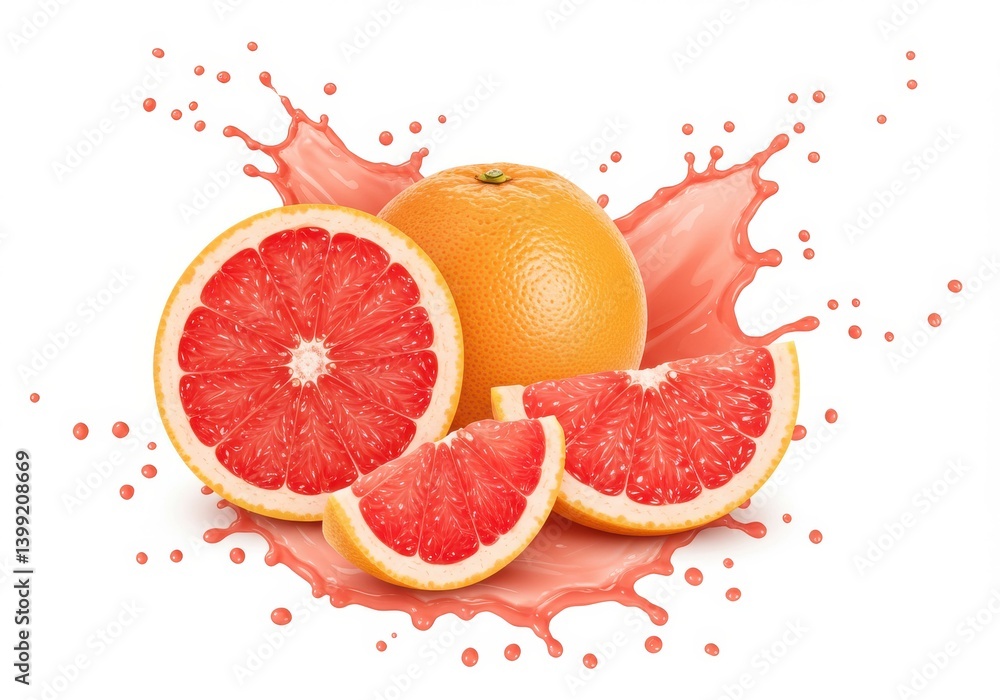 Poster a vibrant display of grapefruit with juice splash against a clean white background in a studio shot