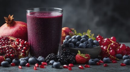 Glass of smoothie with various berries and fruits, close-up - drink vitamins antioxidants pineapple