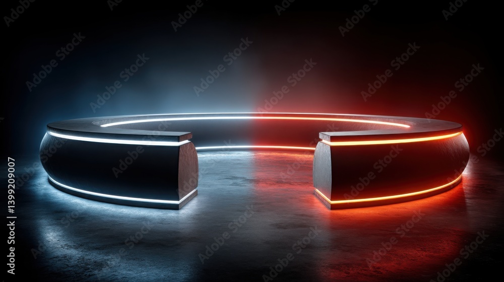 Poster illuminated table with light emphasizing economic challenges and opportunities in the arena between 