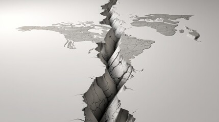 Broken wall with a detailed map illustrating geopolitical boundaries and economic relations between nations in crisis