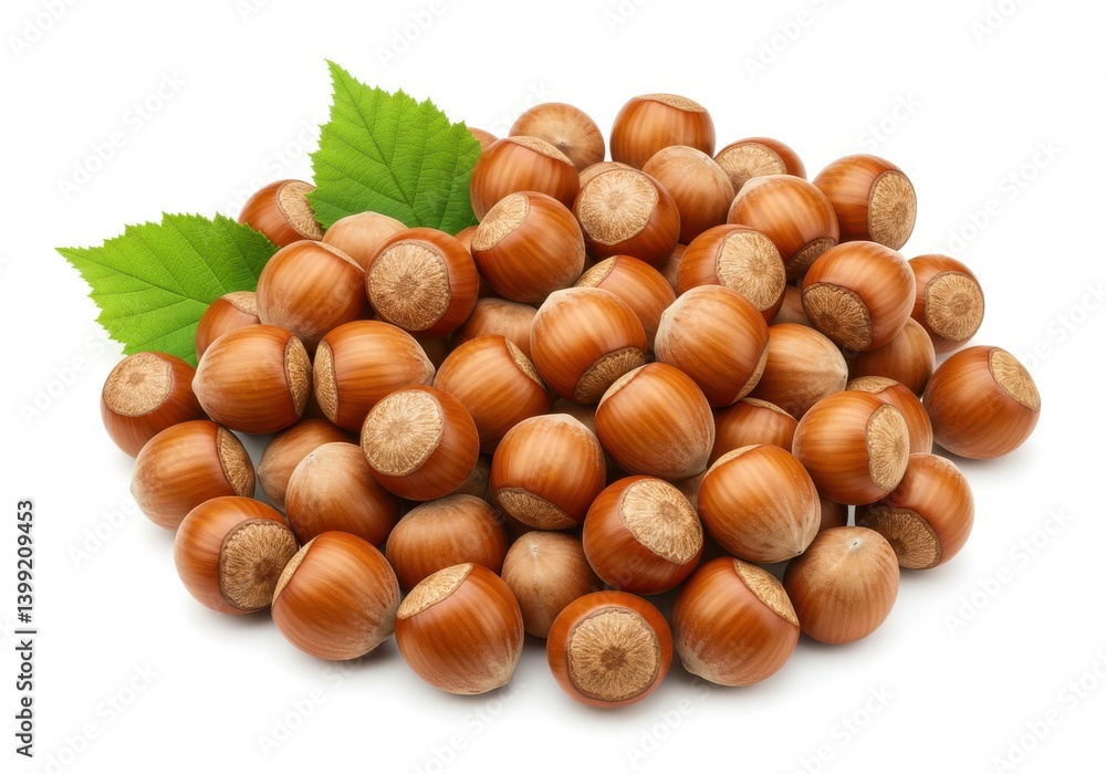 Poster a heap of shelled hazelnuts with green leaves on a white background in a studio setting
