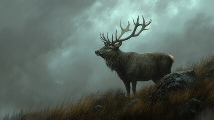 A majestic elk stands vigilant in a misty, stormy landscape.