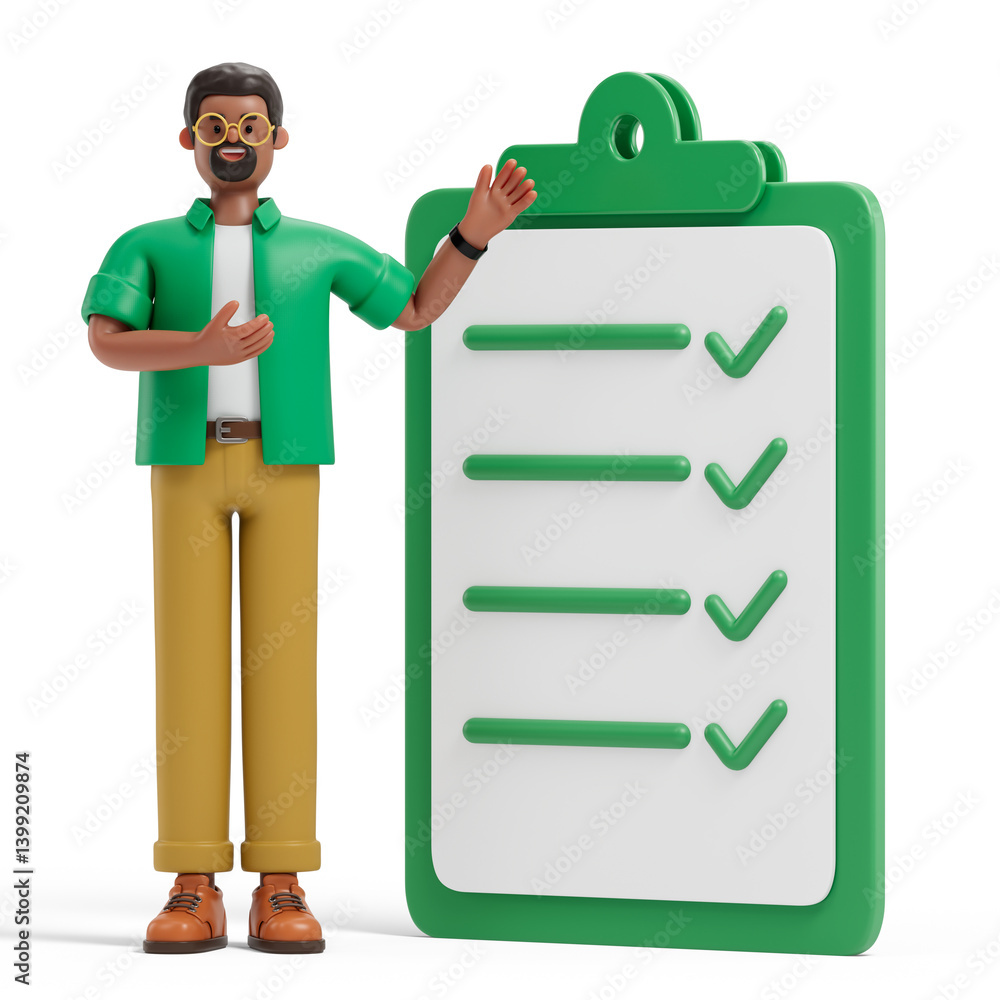 Aufkleber man presenting checklist with ticks, symbolizing completion of tasks or goals. 3d rendering, concept