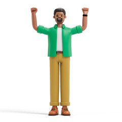 Man with raised fists, symbolizing success, achievement, or victory. 3D rendering, conceptual image. Isolated on white background.