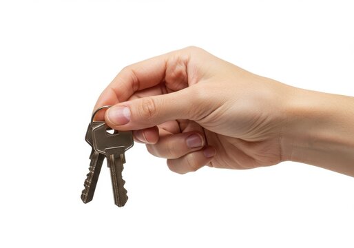 Hand holding two keys dangling from a ring against a plain white background studio shot image