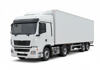 A front angled view of a white semi truck with a trailer on a white background in a studio shot