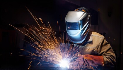 A welder intensely focuses on his task creating bright sparks in a dimly lit workshop