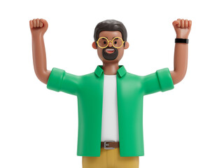 Man with raised fists, symbolizing success, achievement, or victory. 3D rendering, conceptual image. Isolated on white background.