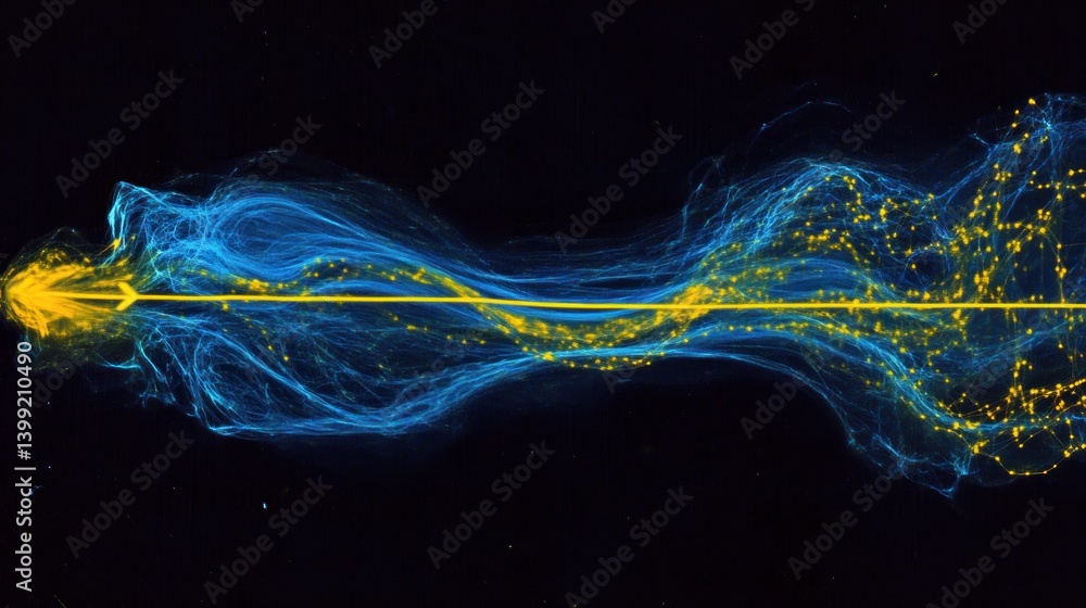 Poster a visualization of particle movement, showcasing a trajectory of motion through a medium.