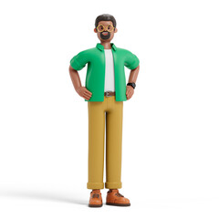 Confident man with hands on hips, symbolizing professionalism and self-assurance. 3D rendering, conceptual image. Isolated on white background.