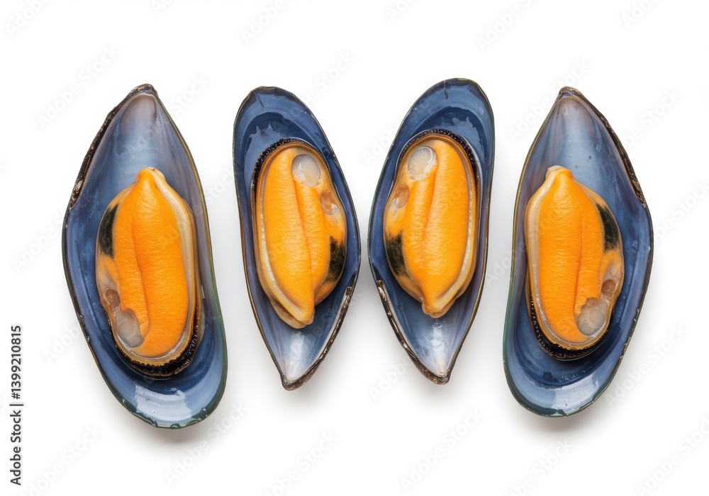 Poster close up of four cooked mussels on a white background perfectly aligned in a horizontal row view