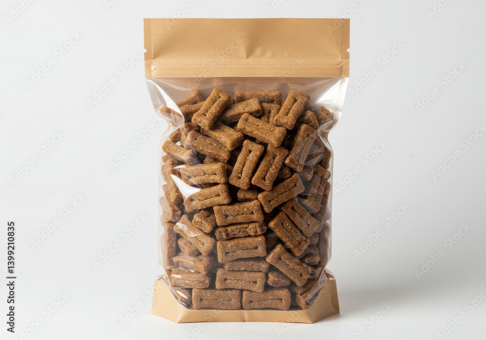 Aufkleber a clear bag filled with brown rectangular snacks on a white background in a studio setting view clos