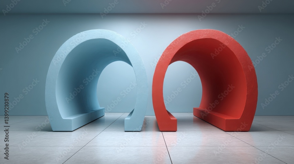 Poster abstract shapes in red and blue representing the economic dynamics and competition between usa and c