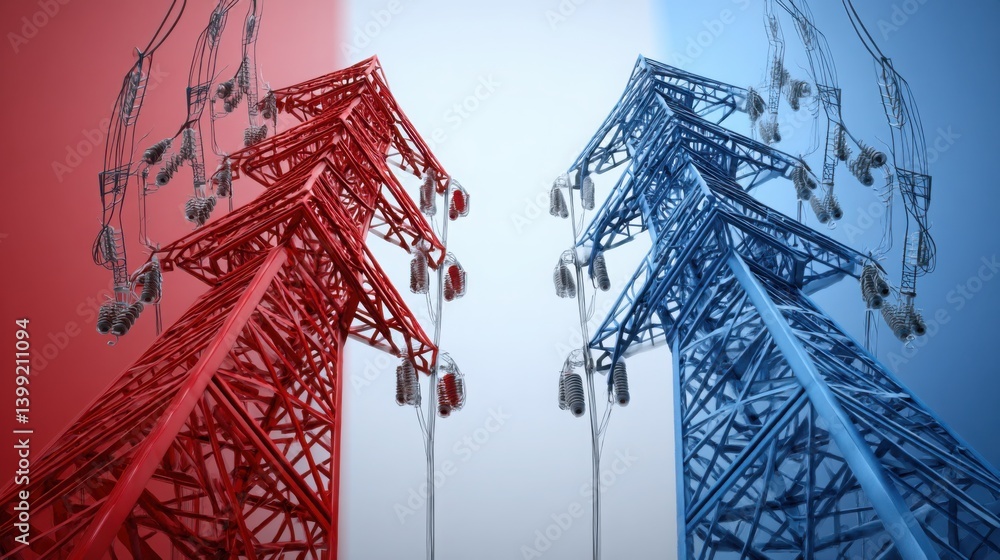 Poster red and blue tower symbolizing energy dynamics between usa and china with striking visual contrast a