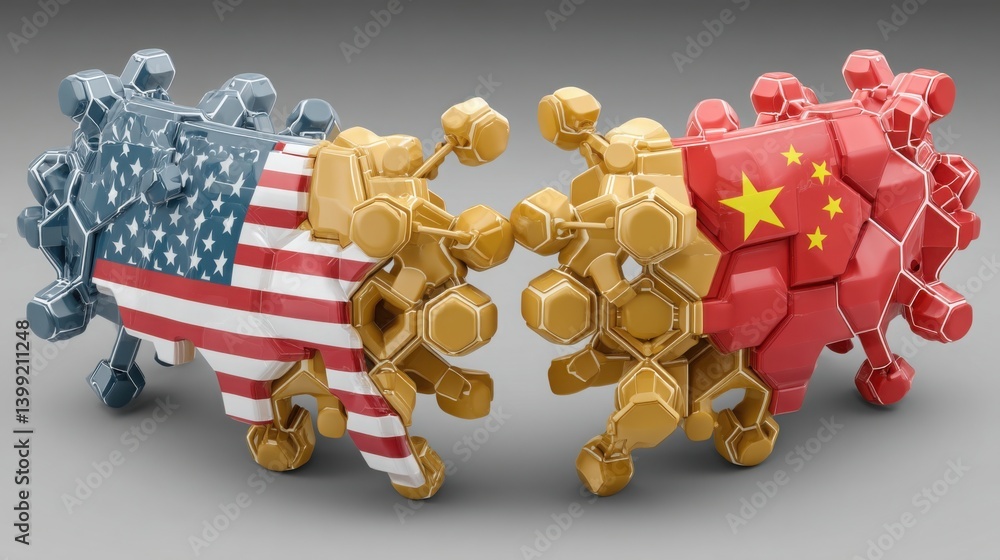 Poster two robots holding flag symbolizing energy network closing around financial sphere in context of usa
