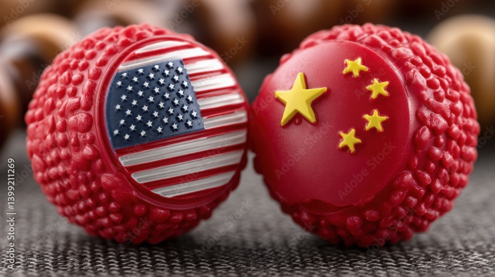 Poster two red balls featuring flags of usa and china representing global energy dynamics in financial sphe