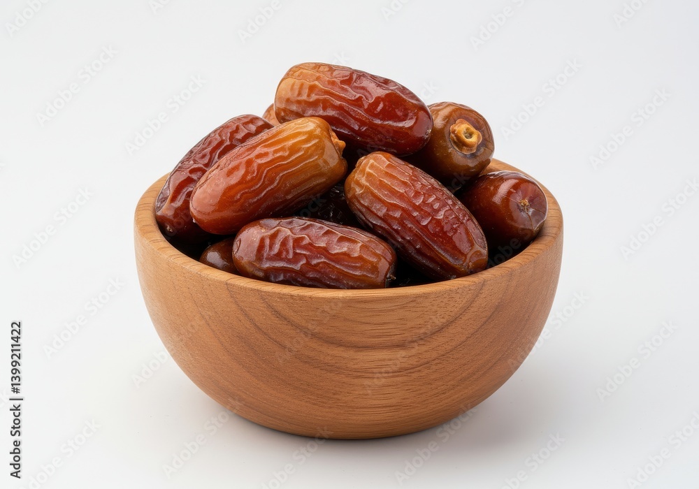 Poster a wooden bowl filled with a pile of dates sitting on a white surface in a studio setting view