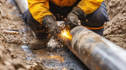A construction site worker welding a pipe for plumbing installation. Featuring skill and focus