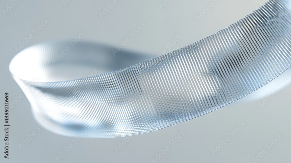 Poster a translucent ribbon-like form with vertical striations.