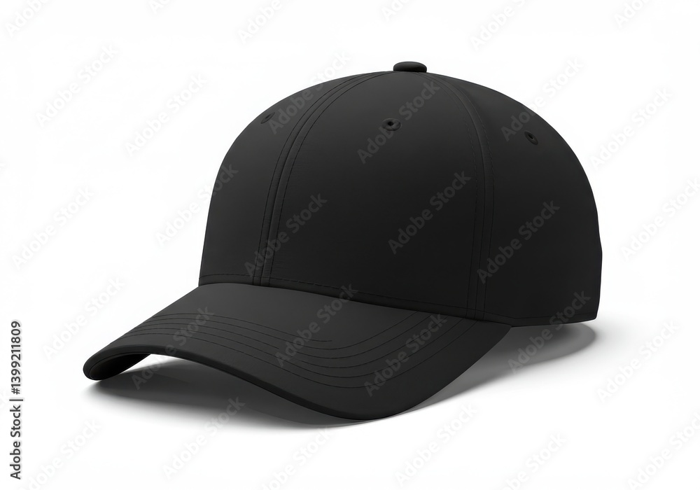 Poster a close up shot of a plain black baseball cap on a white background in a studio setting view