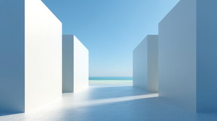 A serene white room with an expansive blue sky creating a tranquil and bright ambience for relaxation and reflection