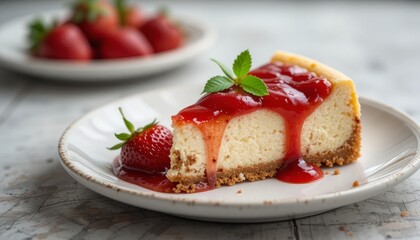 Close up Of Creamy Cheesecake Dessert Slice Topped With Berry Sauce And Fresh