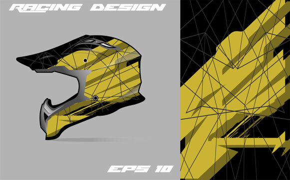 Racing helmet design showcasing sleek yellow graphics with geometric patterns on a gray background