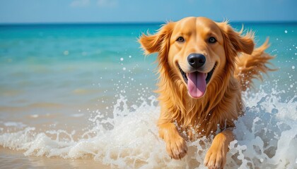  A Cheerful Golden Retriever Splashing in the Ocean on a Bright, Sunny Beach Day