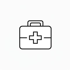 Obraz premium Medical first aid kit icon. A simple, black outline graphic depicts a rectangular first aid kit with a plus sign symbol. The kit has handles for carrying