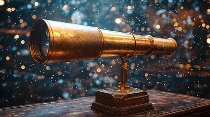Antique brass telescope, polished lens, soft moonlight, starry night backdrop, celestial observation, astronomical wonder.