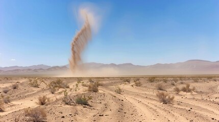 Swirling dust devil in vast desert landscape under clear blue sky, natural phenomenon and weather concept, isolated and dynamic movement.
