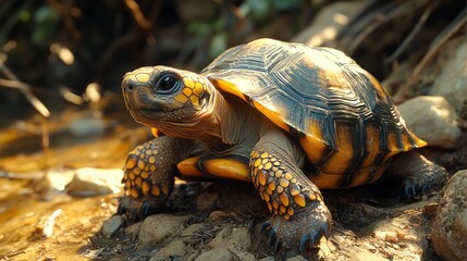 Obraz premium Spectacular Yellow-Footed Tortoise near a Stream