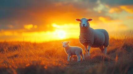 Golden Hour Lambs: A Mother's Love at Sunset