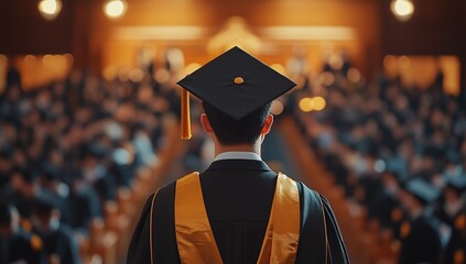 A young Asian man, seen from behind, stands in his graduation gown, ready to receive his diploma. Warm lighting and blurred background of fellow graduates add to the celebratory mood.
