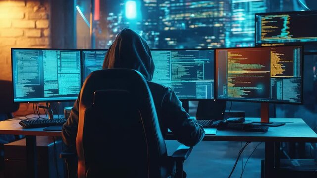 Focused programmer in dark workspace coding with multiple monitors
